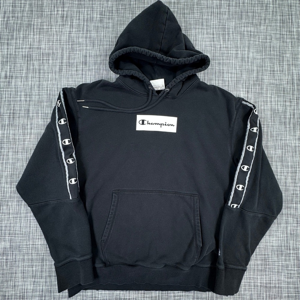 Champion Men's Classic Fleece Hoodie Large Black Logo Tape Sleeve Pullover